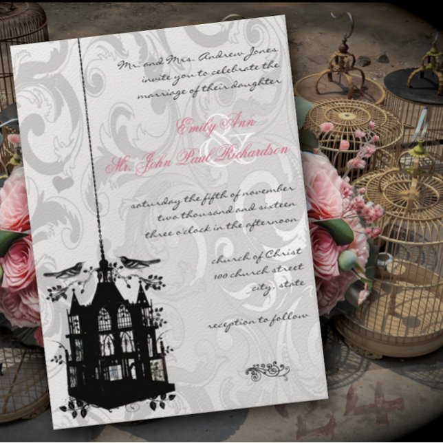 Invitación de bodas rosadas y plateadas de la jaul (Subido por el creador)