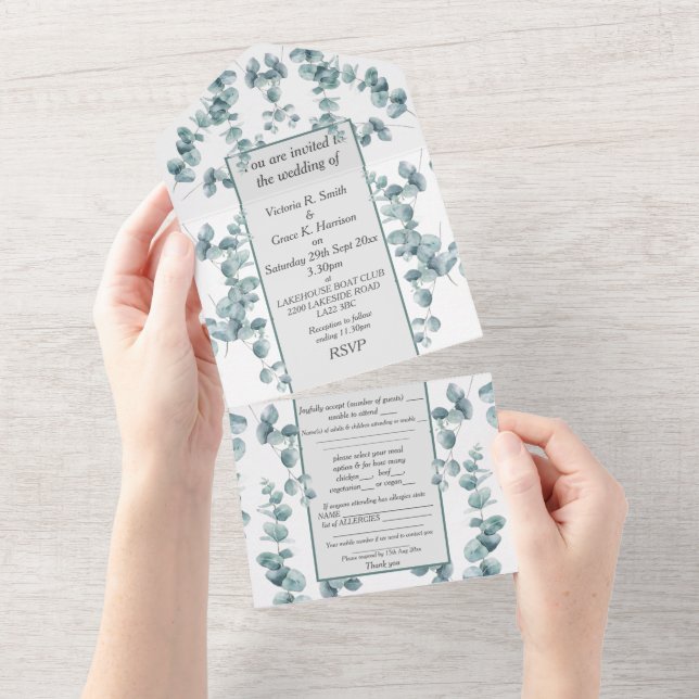 Invitación de bodas todo en uno - Eucalipto platea (desgarro)