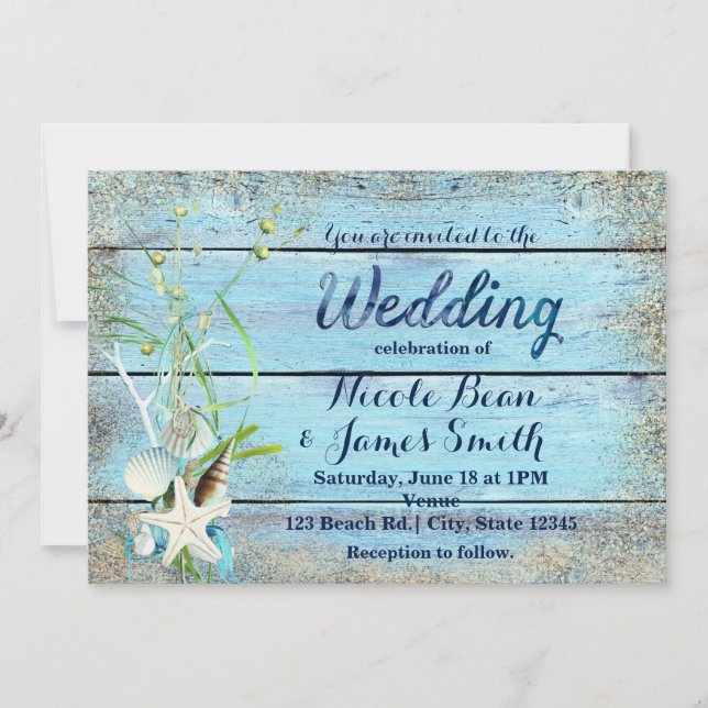 Invitación de BODAS Tropicales Blue Wood Beach (Anverso)