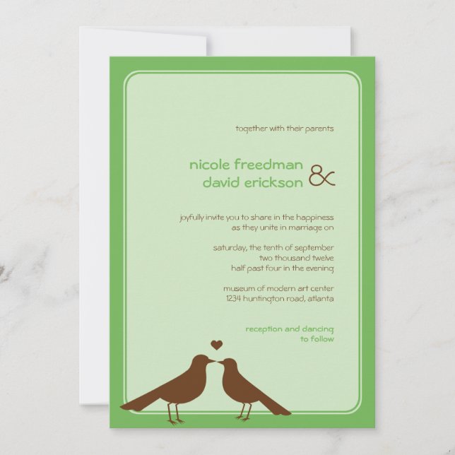 Invitación de bodas verdes de aves de amor contemp (Anverso)