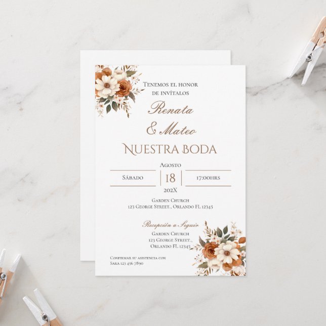 Invitación de Boho a la boda española (Anverso/Reverso In Situ)