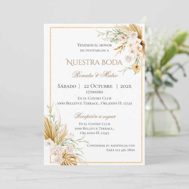 Invitación de Boho a la boda española (Anverso de pie)