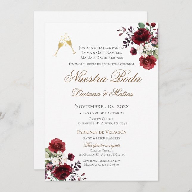 Invitación de Boho a la boda española (Anverso / Reverso)