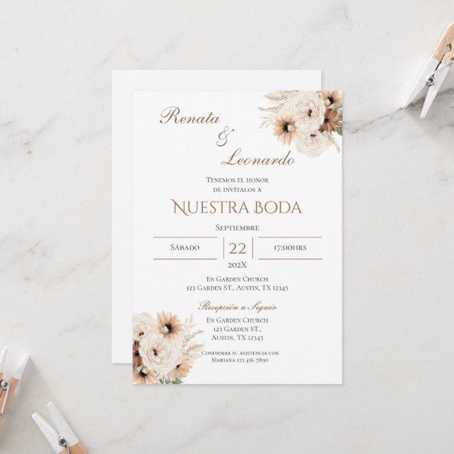 Invitación de Boho a la boda española (Anverso/Reverso In Situ)