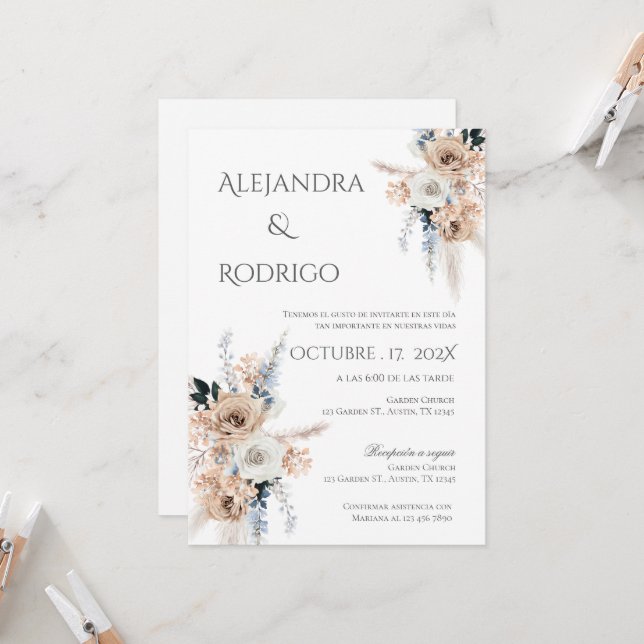 Invitación de Boho a la boda española (Anverso/Reverso In Situ)