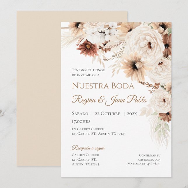 Invitación de Boho a la boda española (Anverso / Reverso)