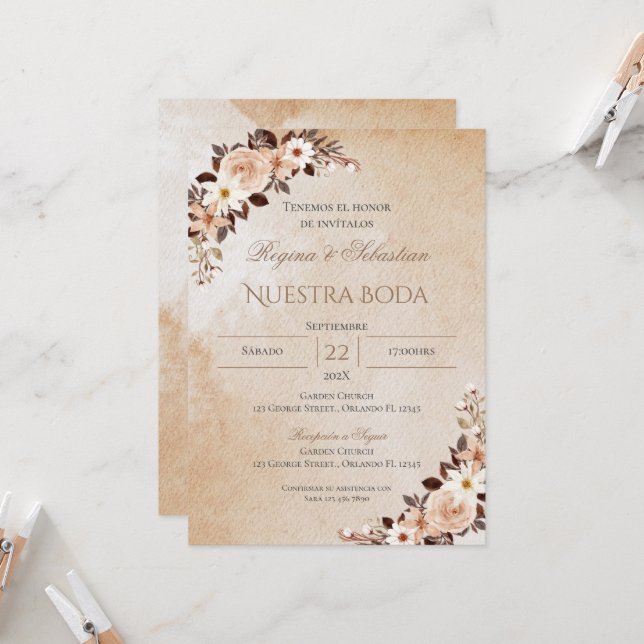 Invitación de Boho a la boda española (Anverso/Reverso In Situ)