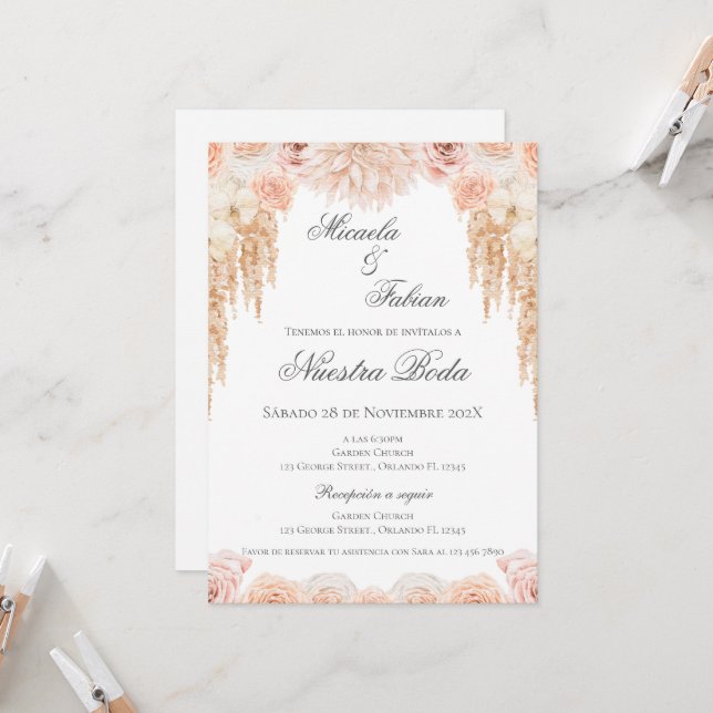 Invitación de Boho a la boda española (Anverso/Reverso In Situ)