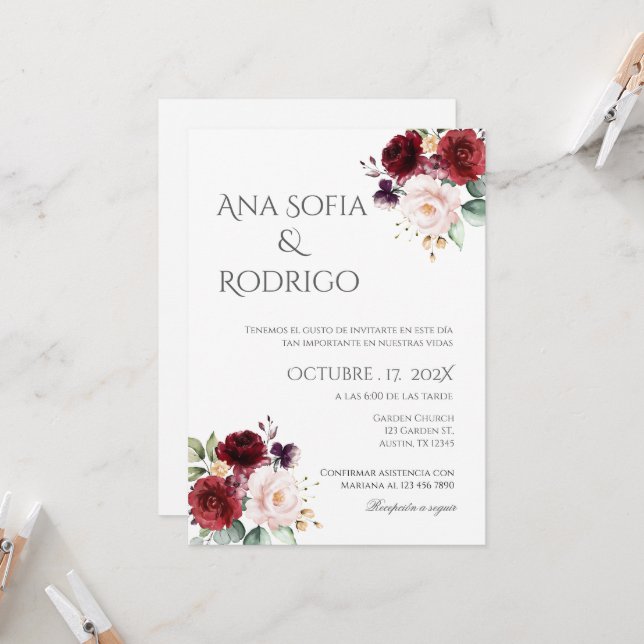 Invitación de Boho a la boda española (Anverso/Reverso In Situ)