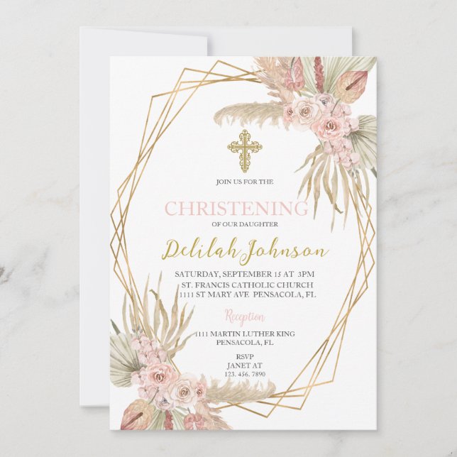 Invitación de Boho al bautizo de chica (Anverso)