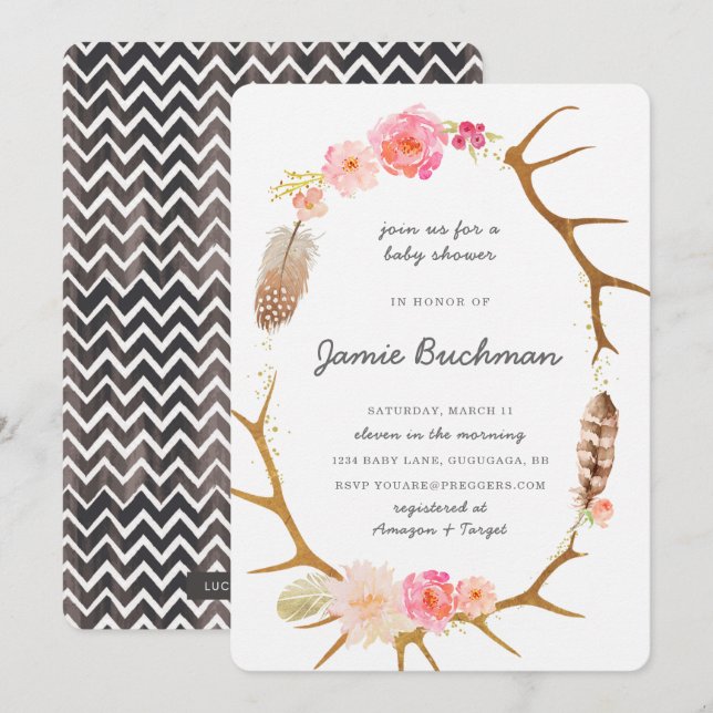 Invitación de Boho Antler Baby Shower (Anverso / Reverso)
