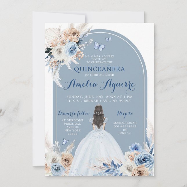 Invitación de Boho Baby Blue Quinceañera (Anverso)