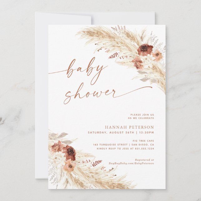Invitación de Boho Baby Shower a Pampas bebé de hi (Anverso)