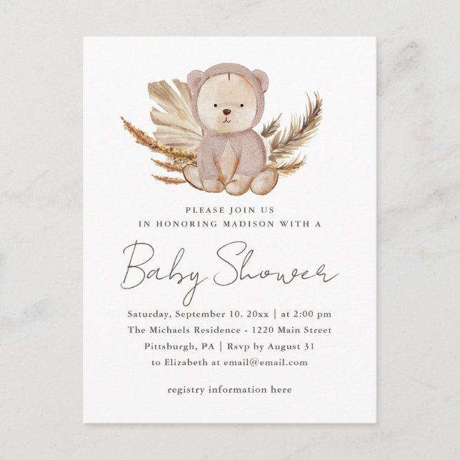 Invitación de Boho Baby Shower con oso dulce (Anverso)