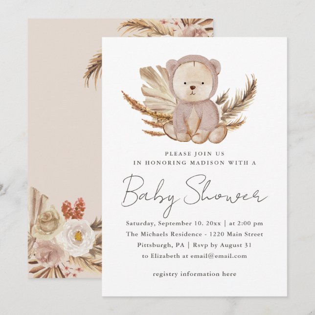 Invitación de Boho Baby Shower con oso dulce (Anverso / Reverso)