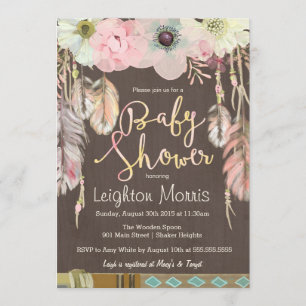 Invitación de Boho Baby Shower, Rústica de la plum