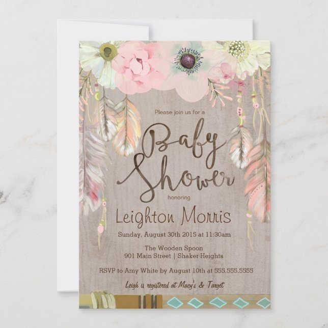 Invitación de Boho Baby Shower, Rústica de la plum (Anverso)