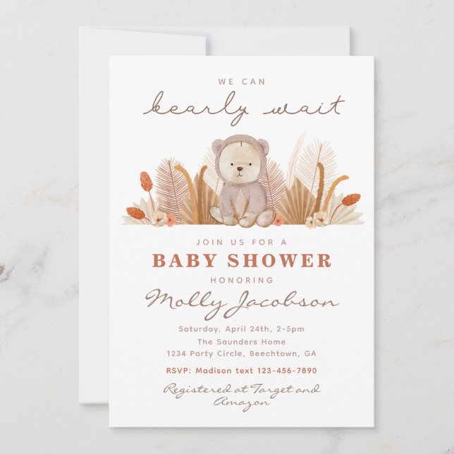 Invitación de Boho Bear Baby Shower | Bear Shower (Anverso)