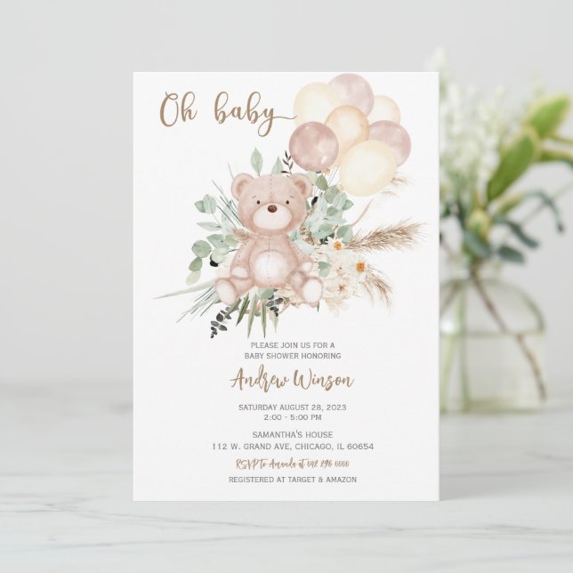 Invitación de Boho Bear Baby Shower Boy (Anverso de pie)