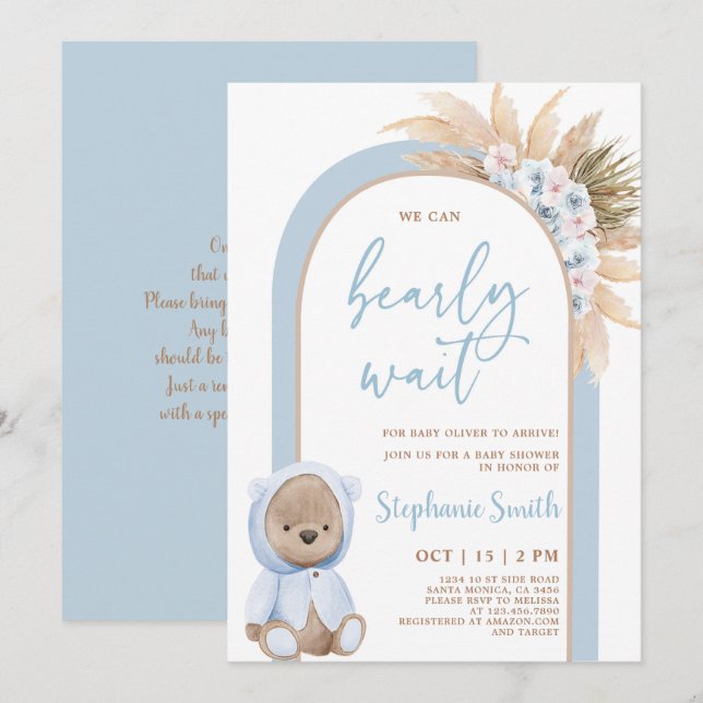 Invitación de Boho Bear Baby Shower Boy (Anverso / Reverso)