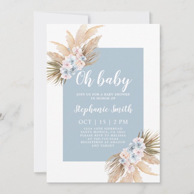 Invitación de Boho Blue Pampas Grass Baby Shower B (Anverso)