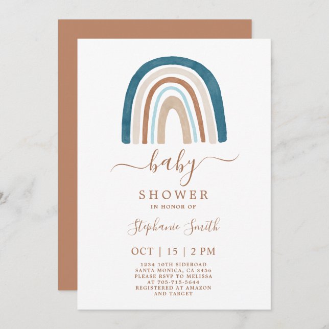Invitación de Boho Blue Rainbow Baby Shower Boy (Anverso / Reverso)