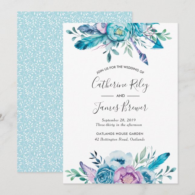 Invitación de Boho blue spring floral Invitación a (Anverso / Reverso)