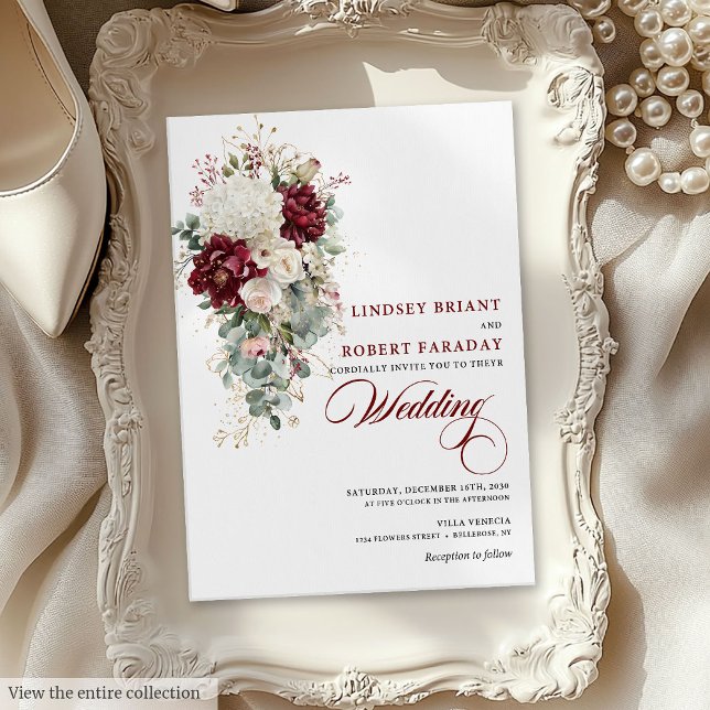 Invitación de Boho Burgundy White Watercolor Weddi (Boho Burgundy White Watercolor Wedding Invitation)