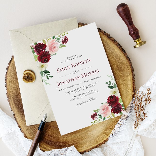 invitación de boho burgundy y rubia boda floral (Subido por el creador)
