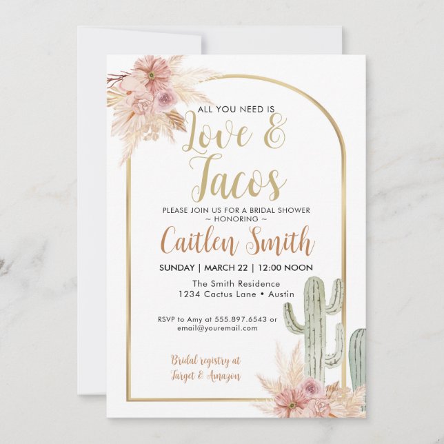 Invitación de Boho Cactus Love y Tacos Bridal Show (Anverso)