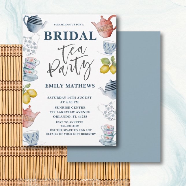 Invitación de Boho Dusty Blue Watercolor Bridal Te (Subido por el creador)