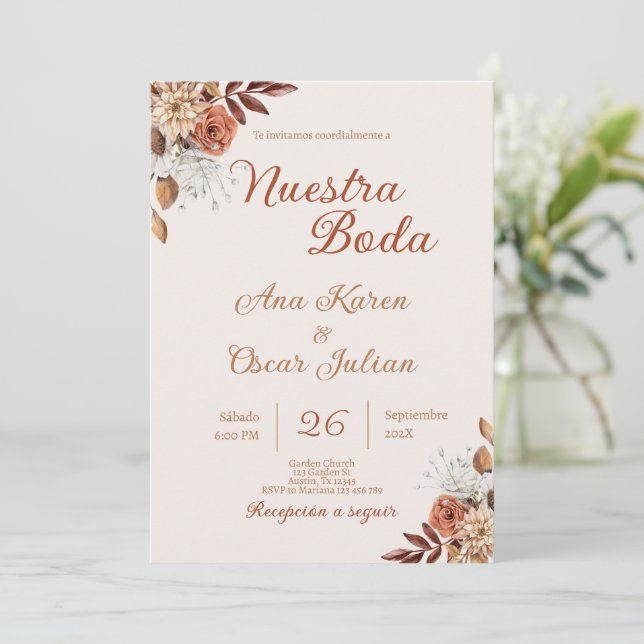 Invitación de Boho Floral a la boda española (Anverso de pie)