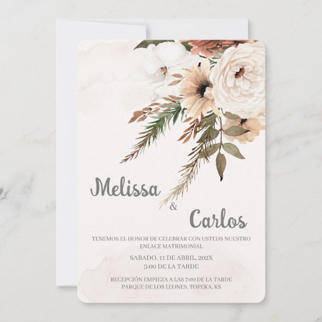 Invitación de Boho floral a la boda española (Anverso)