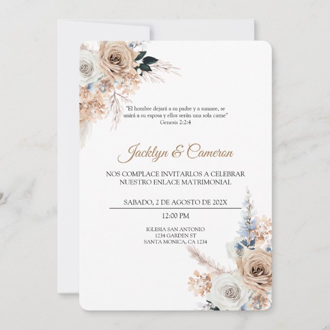Invitación de Boho Floral a la boda española (Anverso)