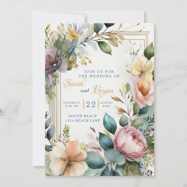 Invitación de Boho Floral Greenery a la Boda Geomé (Anverso)