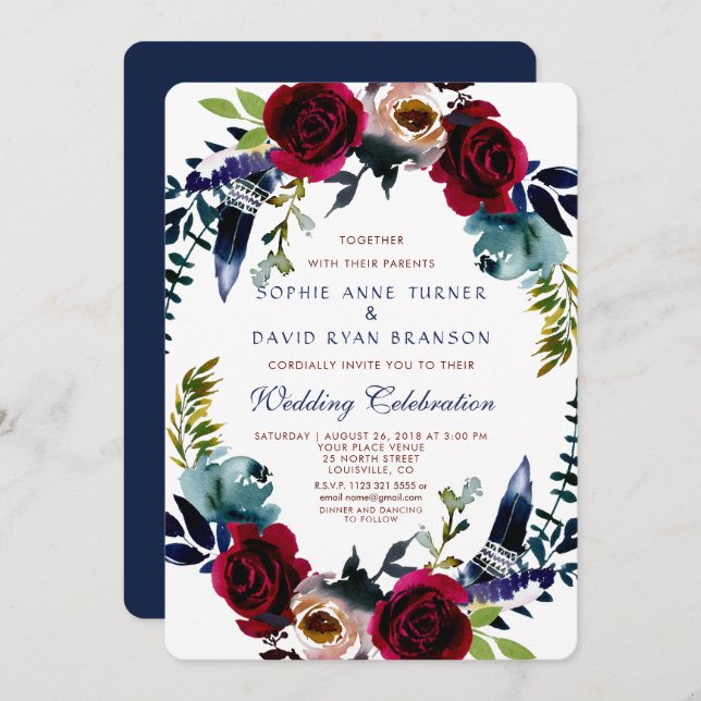 Invitación de Boho Floral Marsala a la boda azul (Anverso / Reverso)