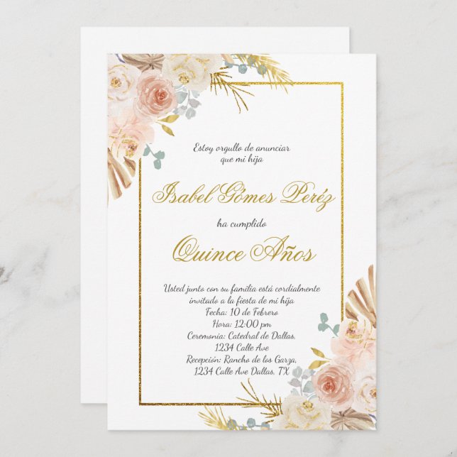 Invitación de Boho floral Quince en español (Anverso / Reverso)