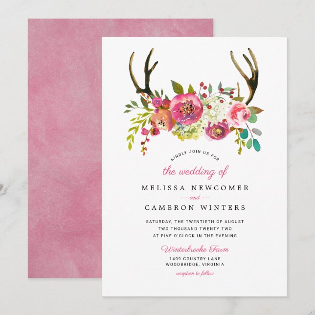 Invitación de boho floral rosado antler a la boda (Anverso / Reverso)