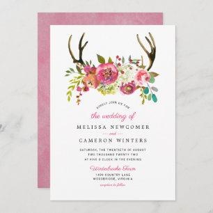 Invitación de boho floral rosado antler a la boda