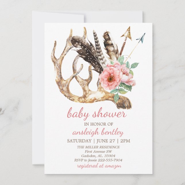 Invitación de Boho Floral y Antler Baby Shower (Anverso)