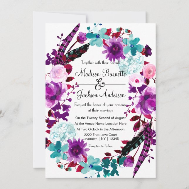 Invitación de Boho Moda Floral Wreath Purple Weddi (Anverso)