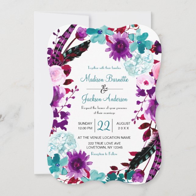 Invitación de Boho Moda Floral Wreath Purple Weddi (Anverso)