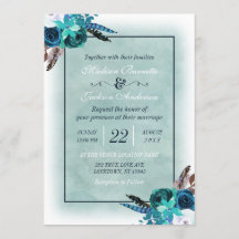 Invitación de Boho Navy Blue Aqua Watercolor Weddi