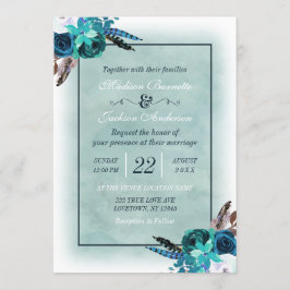 Invitación de Boho Navy Blue Aqua Watercolor Weddi