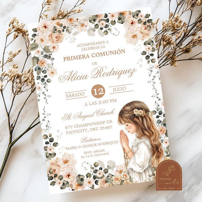 Invitación de Boho Neutral Floral para Primera Com (Subido por el creador)