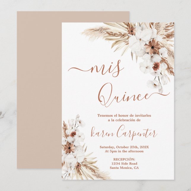 Invitación de Boho Pampas Quinceanera (Anverso / Reverso)