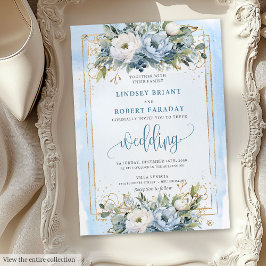 Invitación de Boho Pastel Blue Gold Flowers a la b