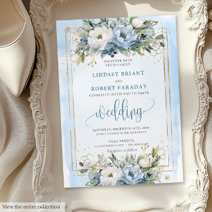 Invitación de Boho Pastel Blue Gold Flowers a la b