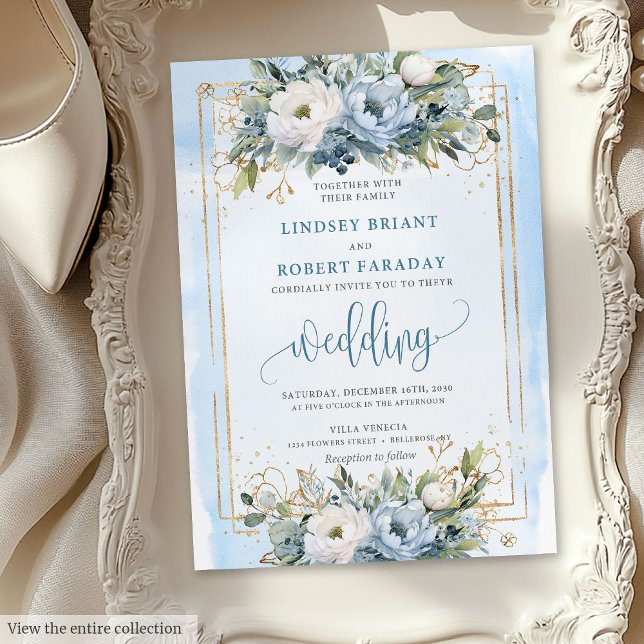 Invitación de Boho Pastel Blue Gold Flowers a la b (Boho Pastel Blue Gold Flowers Wedding Invitation)