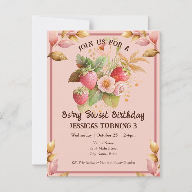 Invitación de Boho Pink al cumpleaños de fresa (Anverso)